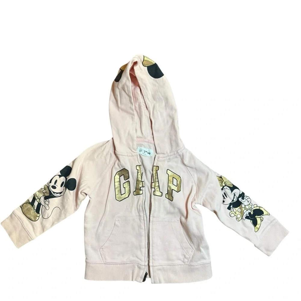 Gap x Disney Baby Pink Zip Up Hoodie Mickey Minnie Gold Logo Size 2T
